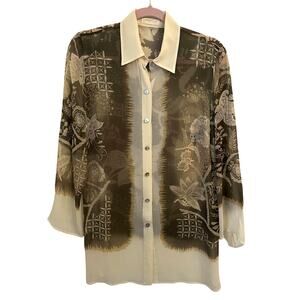 Gottex 100% Silk Blouse Medium Button Cream Olive Floral Asian Resort Tunic